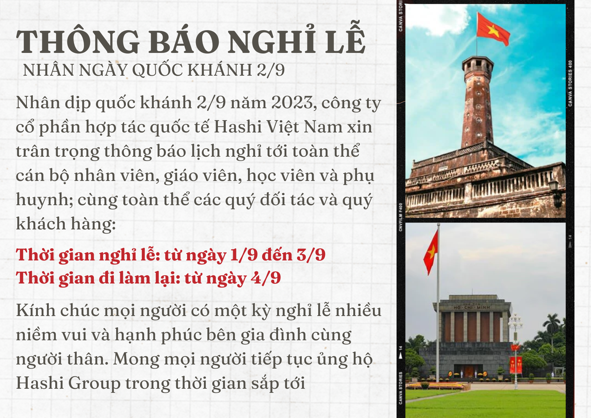 THÔNG BÁO NGHỈ LỄ QUỐC KHÁNH 2/9 NĂM 2023